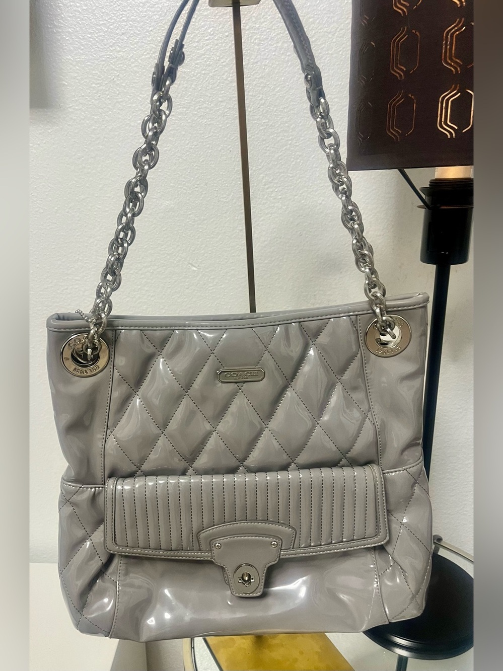 Coach Poppy Liquid Gloss Grey Quilted Shoulder Bag
